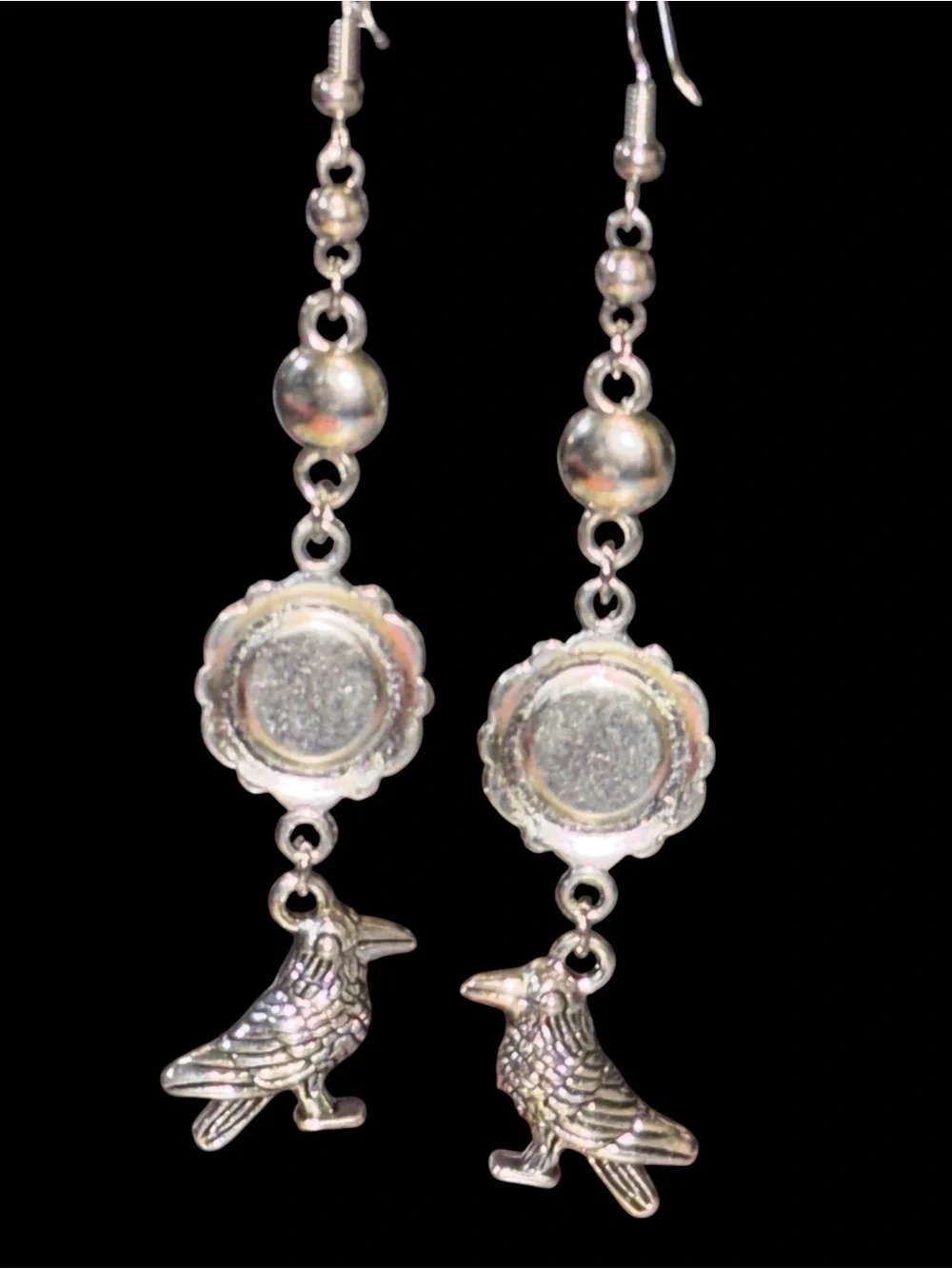 Handmade Silver-Tone Black Stone Raven Drop Earrings